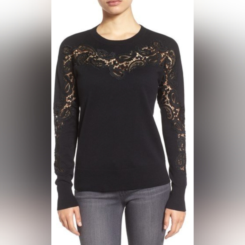 Halogen | Black Sweater with Lace Detail | Size S